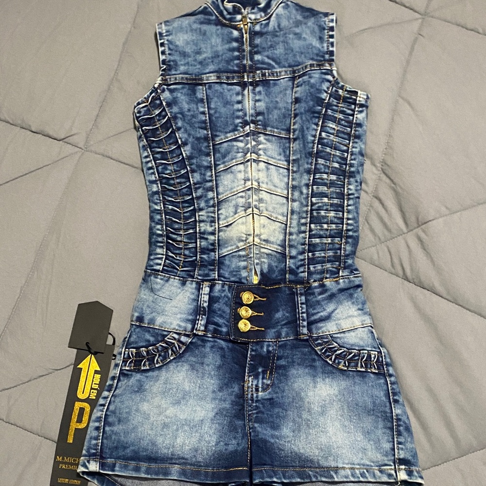 Sleeveless Blue Denim Romper with Gold Button Detail - Picture 1 of 3